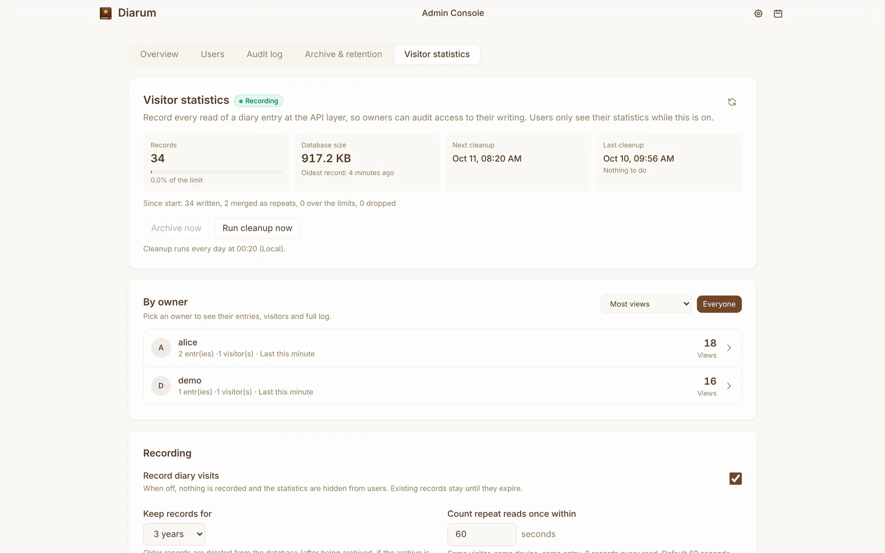 Audit & visitor statistics — admin-visits